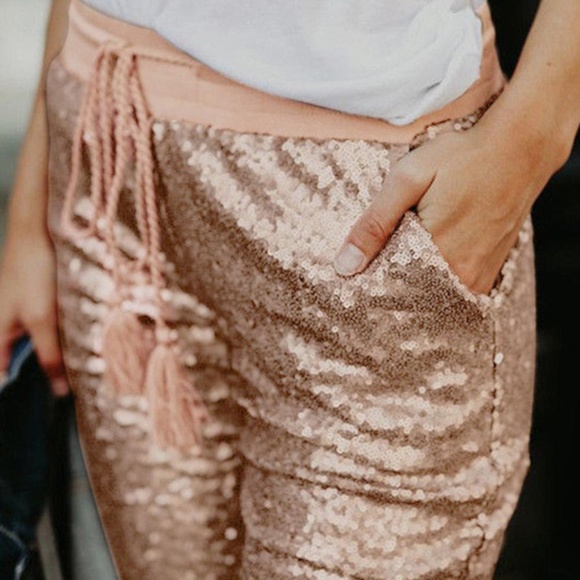 TWO LEFT! Rose Gold Sequin Pants - Picture 4 of 9